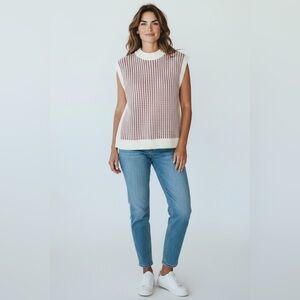 Spring Striped Red and White Women's Crew Neck Sweater. Light Weight